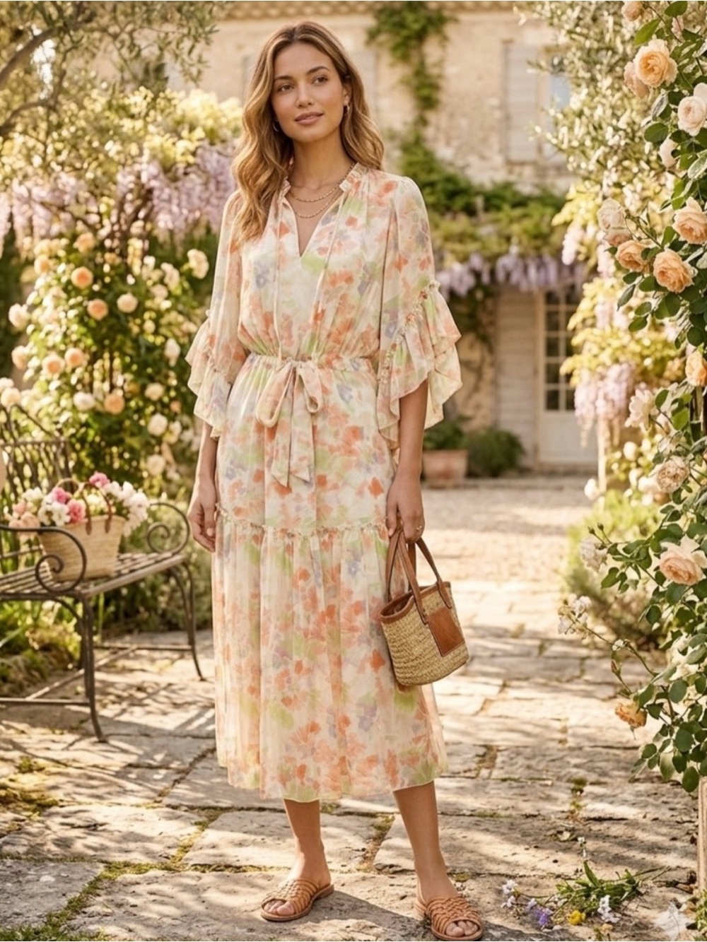 MISA Los Angeles Chiffon Midi Tiered Tie Beige Floral Dress ✨NWOT Sz XS/S 🌸